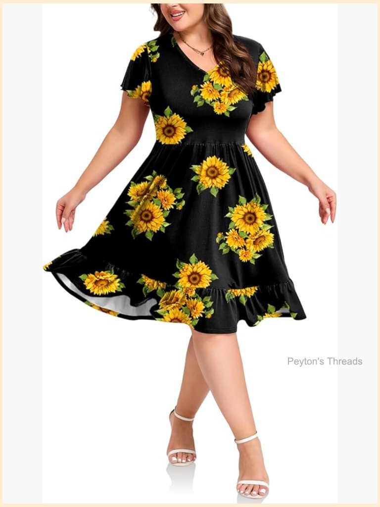 Plus Size V-Neck Ruffle Short Sleeve Midi Dress With Pockets
